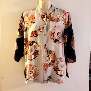 Citron Santa Monica Silk Linen Button Front Art to Wear Top Blouse Shirt PM